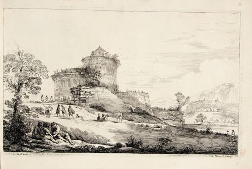 [Landscape with round tower in background and figures]
