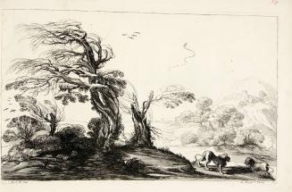 [Landscape with two lions in foreground]