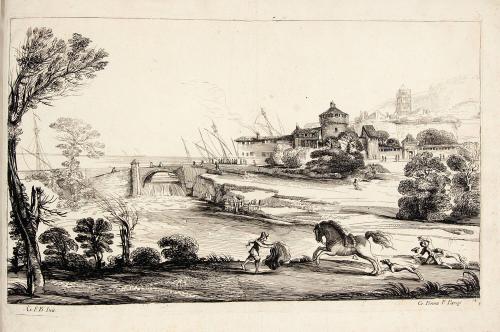 [Landscape with running horse and dogs in foreground]