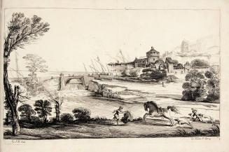 [Landscape with running horse and dogs in foreground]