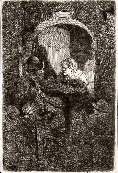 [Woman at a door hatch talking to a man and children]
