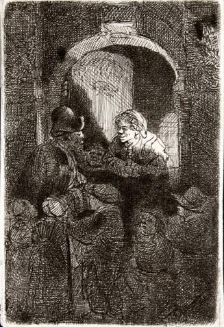[Woman at a door hatch talking to a man and children]