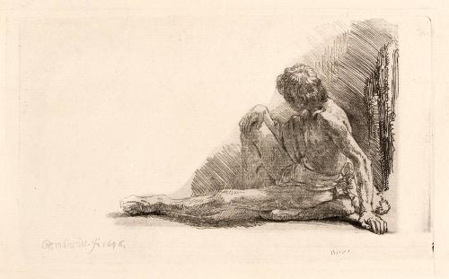 [Nude man seated on the ground with one leg extended]