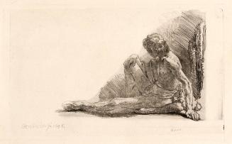 [Nude man seated on the ground with one leg extended]