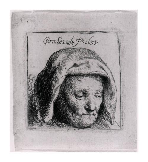 [The artist's mother in a cloth headdress, looking down: head only]