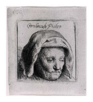 The artist's mother in a cloth headdress, looking down: head only