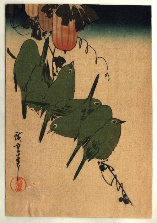 untitled [seven little green birds, perched together]