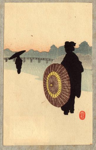 untitled [silhouette figures, women with umbrellas walking along river bank]