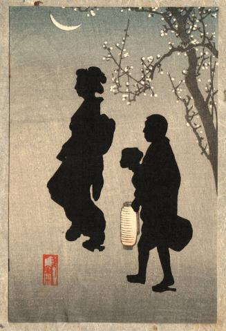 untitled [silhouette figures, man and woman, crescent moon, plum blossom tree]