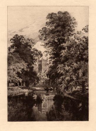 Landscape, swans and boat in water (Cambridge or Oxford)