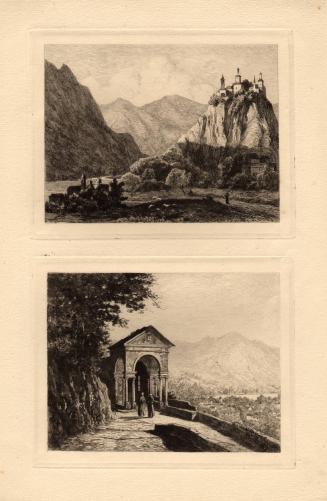 untitled [two mountain landscapes (Italy?), top image has a castle on a mountain, bottom image is of an elaborate entry way with two figures standing near doorway]
