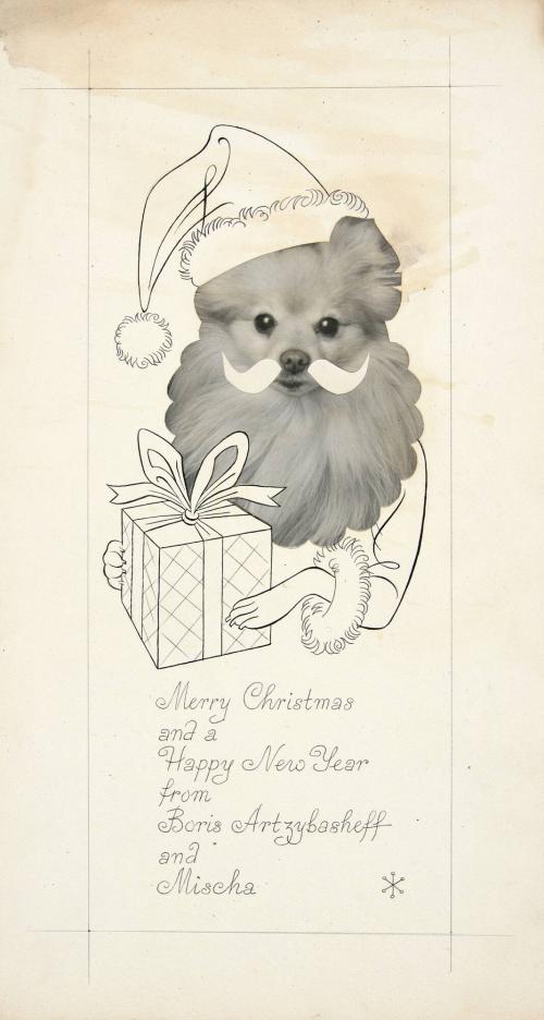 [Christmas greeting, dog dressed as Santa]