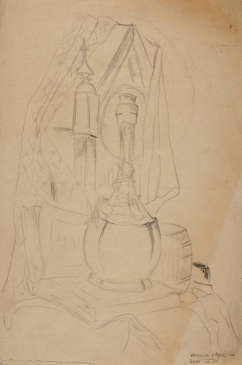 untitled [still life with bottle and open book with drape and other objects]