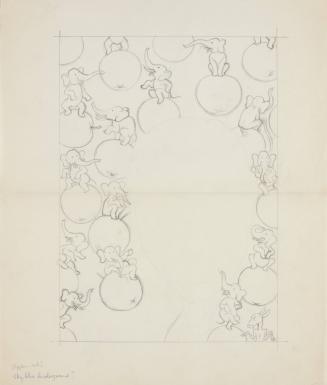 (187) untitled, layout/design with elephants and apples with one donkey; outline for portrait