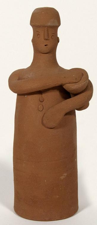 [Votive figurine with conical-shaped body, carrying a vessel]