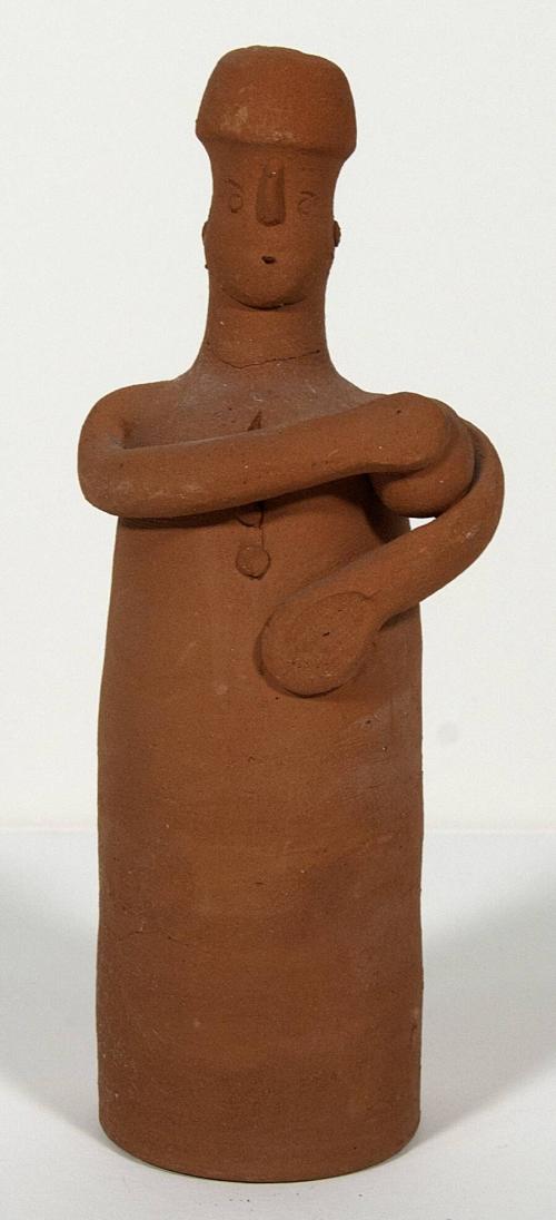 [Votive figurine with conical-shaped body, holding a ball]