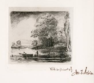 [Fisherman, boat, and trees at river’s edge]