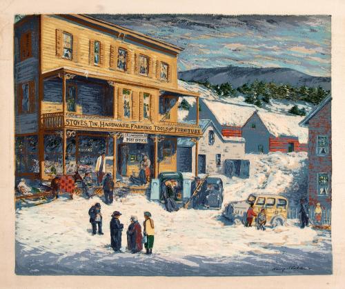 [Winter street scene with post office and general store]