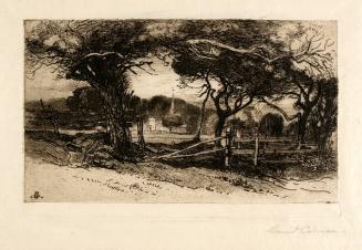 untitled [landscape with split log fence, two large trees, field, & spired church with a few houses in center distance set against leafy trees]