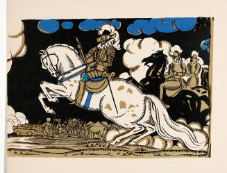 untitled [man in armor astride a rearing white horse, spotted, army and other soldiers in camp in background]