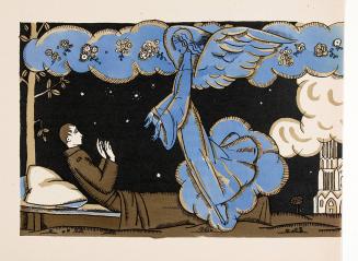 untitled [monk in bed visited by a blue angel at night, stars in sky, cathedral in background]