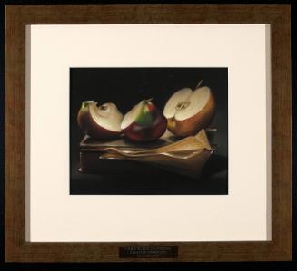 untitled still life [apple slices, Bible, papers with inscriptions]