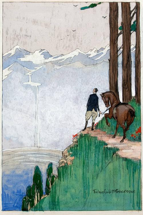 [Man at edge of overlook leading a horse]