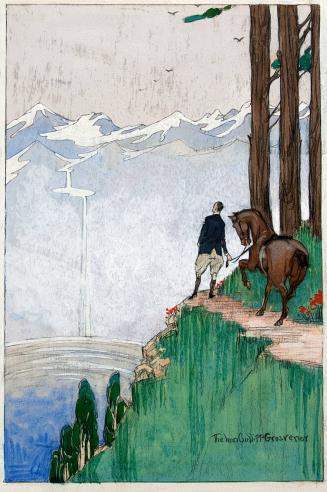 [Man at edge of overlook leading a horse]