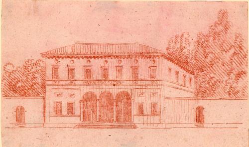 Drawing in sepia of an Italian villa from artist’s sketchbook