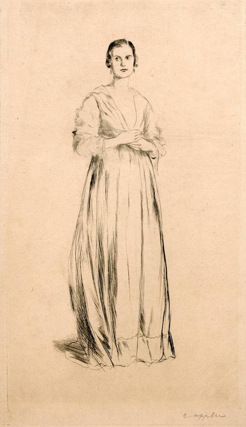 [Standing female figure in long dress]