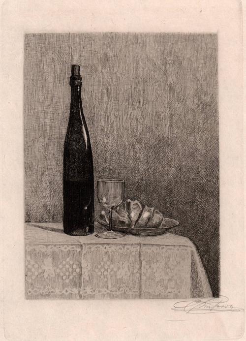 [Still life with bottle, glass, and dish of bread on tablecloth]