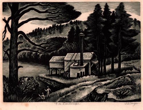 N. H. Landscape [fishermen by cabin in evergreens]