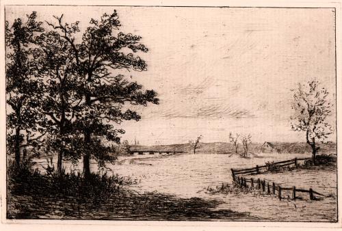 untitled [landscape, copse of trees left, fence right, river/canal with bridge 
in distance]