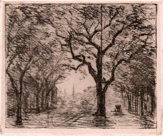 untitled [tree lined lane, distant horse-drawn buggy, and city skyline, steeple]