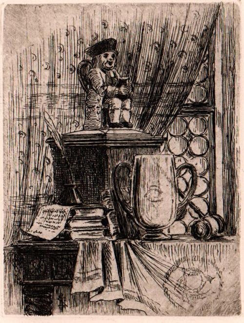 [Still life with figurine and two-handled cup]