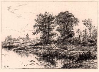 [Landscape with pond, path, and house]