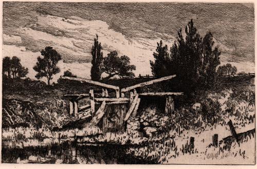 [Rural landscape with tumble-down structure]