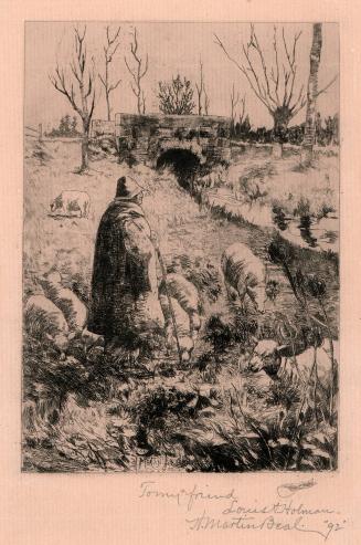 Shepherd and seven sheep near stream and bridge, bare trees
