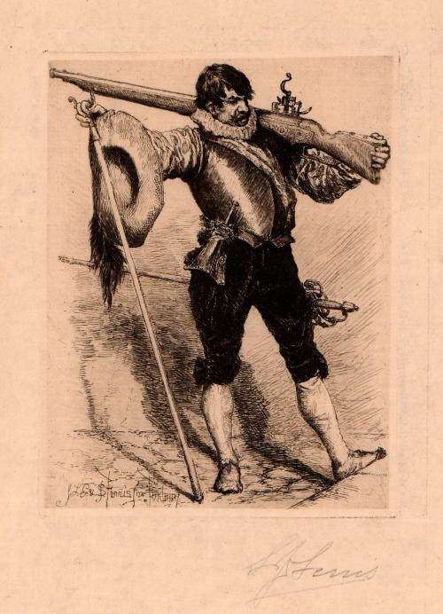 [Male costume figure with gun, hat, and staff]