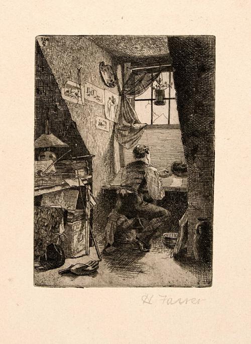 [Man sitting at artist's table]