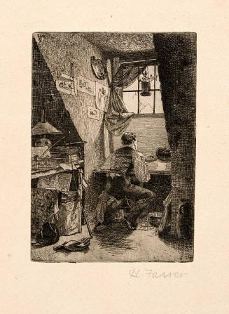 [Man sitting at artist's table]