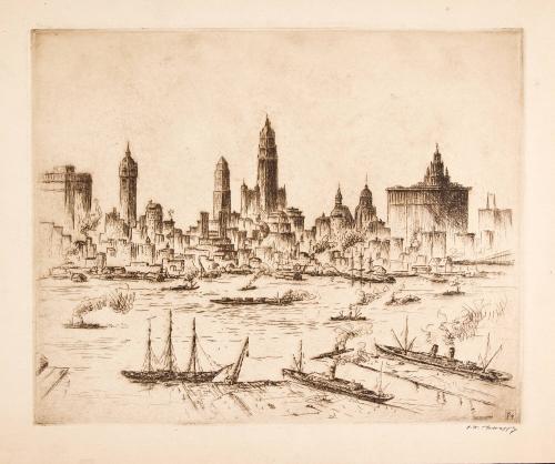 [Harbor scene with city skyline]