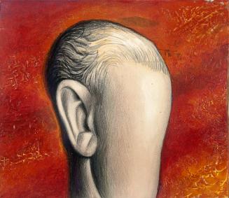 untitled [study, head, blank face, large ear, red background]
