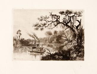 untitled [steamboat on river, Spanish moss hanging from tree branches]