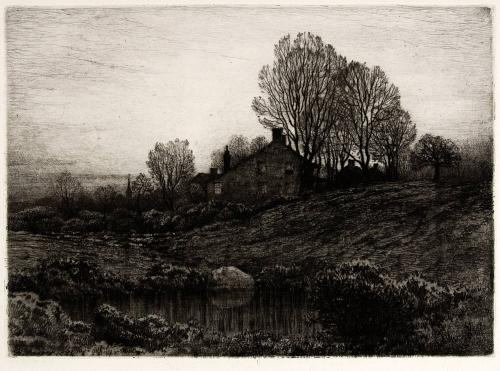 [Landscape with pond and house at dusk]