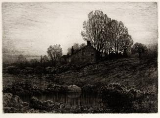 [Landscape with pond and house at dusk]