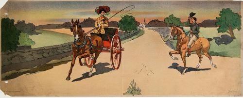 untitled [Hackney horses, woman driving carriage, man on horseback]