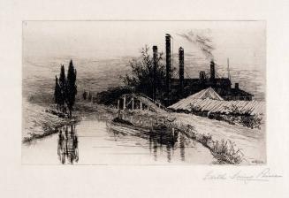 untitled [landscape, canal, barge, bridge, factory chimneys above trees and roof tops]