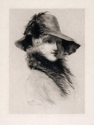 [Portrait of a woman with fur collar and hat with feather]