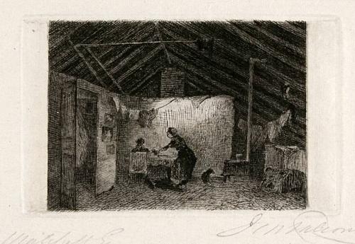 [Woman, seated man, and dog in a kitchen]